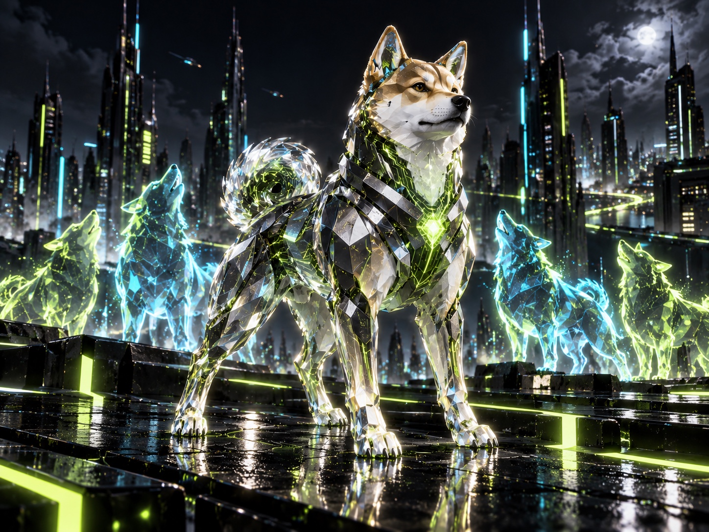 Silicon Inu leading a holographic pack above a neon future city