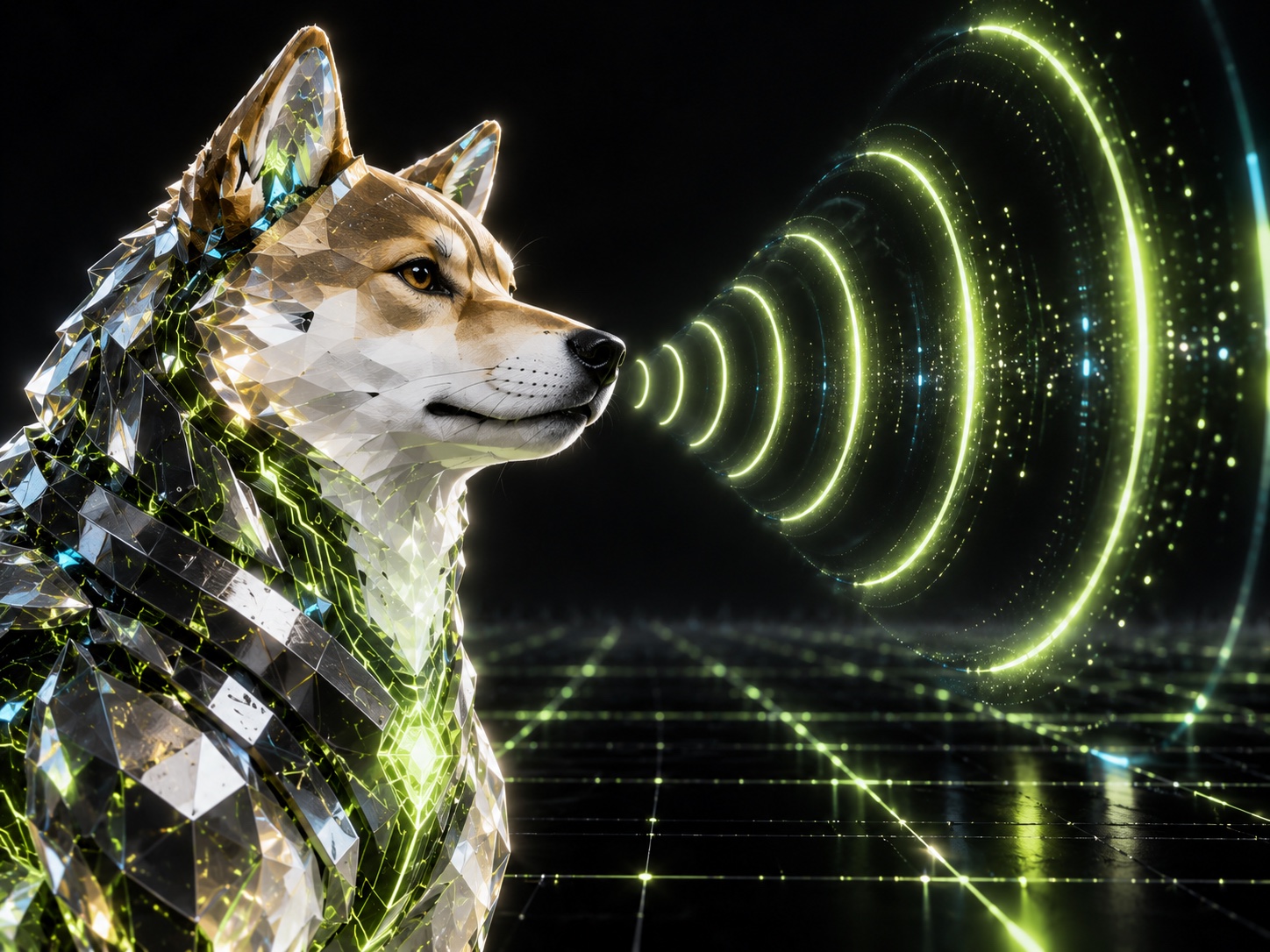 Close profile of Silicon Inu transmitting luminous data waves